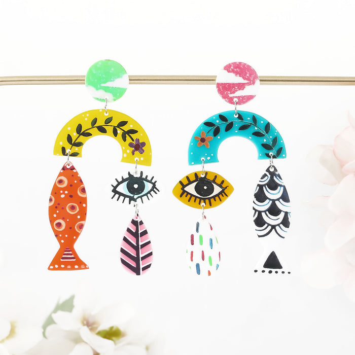 Wholesale environmentally friendly acrylic earrings personality fish eyes leaf printing vintage earrings