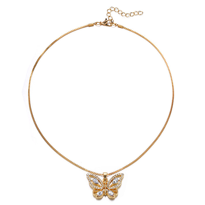 Wholesale Exaggerated alloy diamond inlaid pendant, niche and versatile butterfly necklace