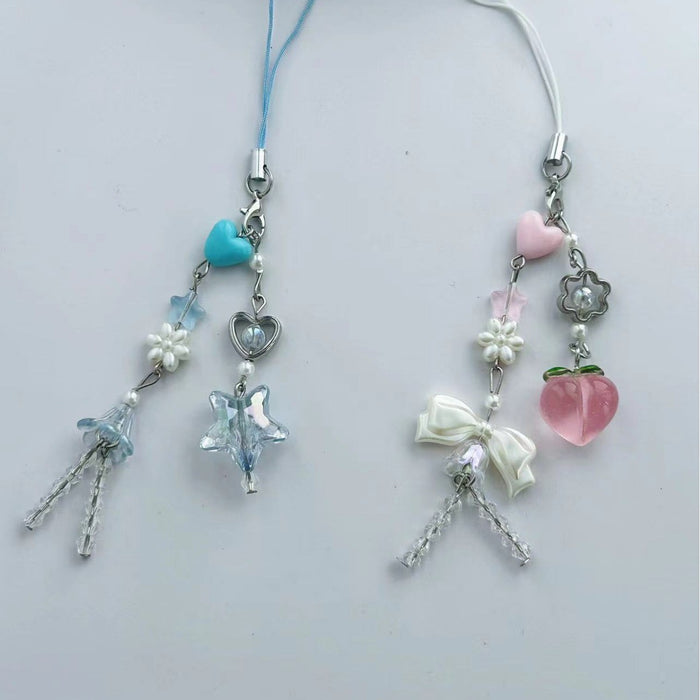 Wholesale Peach Pendant Love Green Leaf Beaded Mobile Phone Chain Pendant Small Fresh Keychain