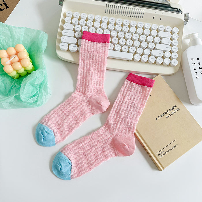 Wholesale Thin mesh breathable mid tube socks with trendy contrasting colors, long tube pile socks