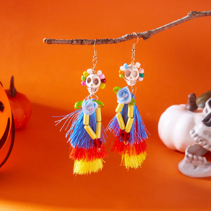 Wholesale  retro earrings for women hip-hop punk style skull funny skeleton colorful mesh ear hooks