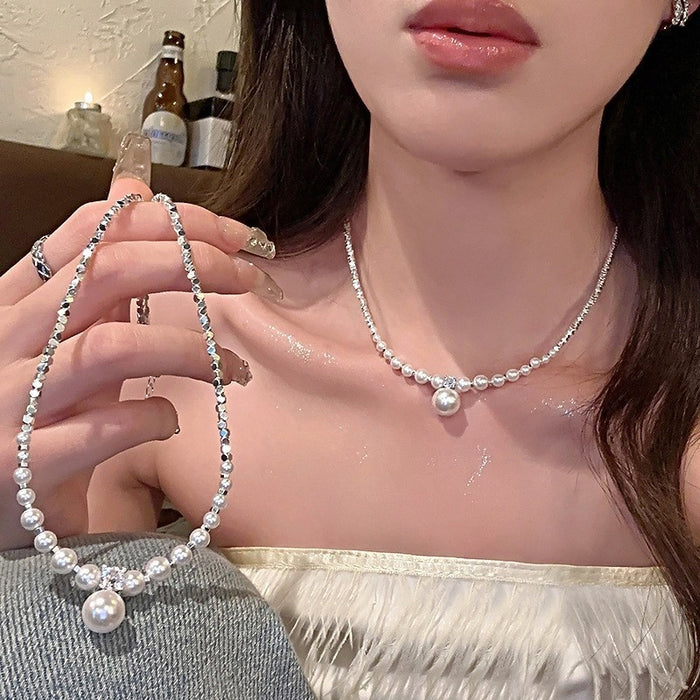Wholesale Baroque pearl crescent silver necklace summer color zircon moon clavicle necklace