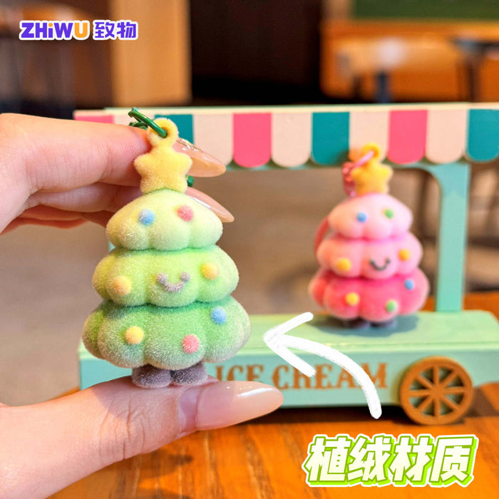 Wholesale PVC Flocking Christmas Tree Keychain Cute Holiday Gift MOQ≥4
