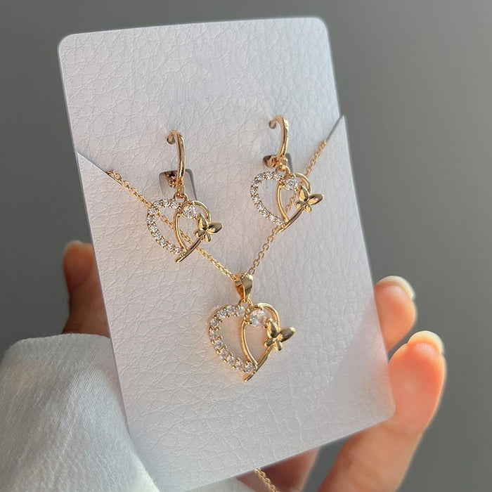 Wholesale New Jewelry Fashion Diamond Heart Earrings Versatile Alloy Butterfly Pendant Necklace Earring Set