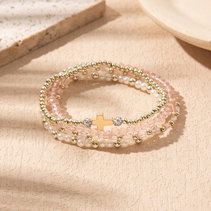 Wholesale Colorful Crystal Elastic Bracelets Ins Style Niche Stacked Cross Bracelet Set