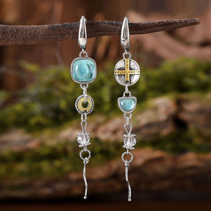 Wholesale Asymmetrical sapphire engraved cross earrings,  made of old metal,  high-end and versatile earrings