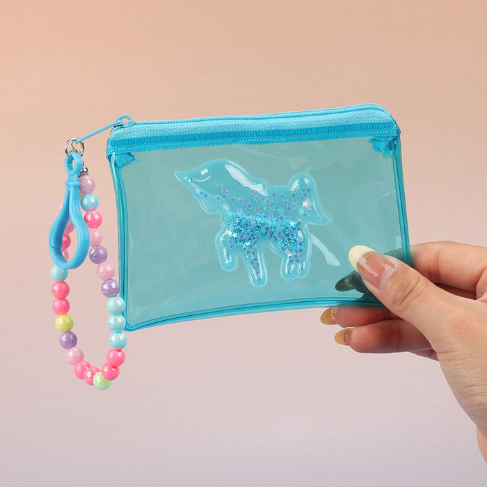 Wholesale Waterproof Unicorn PVC Transparent Card Bag With Quicksand Design Pink Bead Chain Coin Purse
