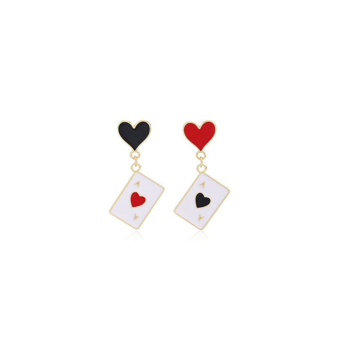 Wholesale Silver Needle Dripping Oil Red Heart Spade Poker Earrings with Light Luxury Design Asymmetric Personality Fashion Versatile Earrings