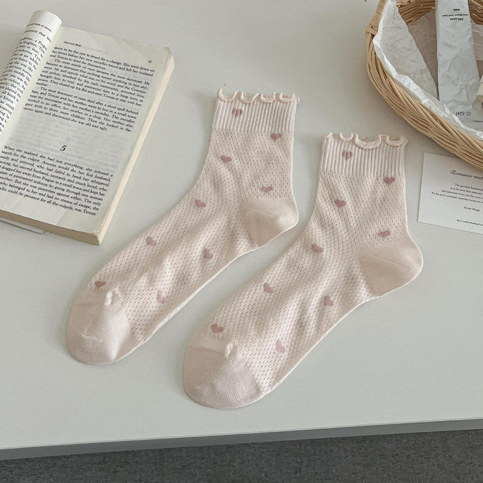 Wholesale New product: Ear fungus edge socks, mid tube socks, cotton socks, thin mesh, hollowed out lace, heart-shaped style, stacked socks