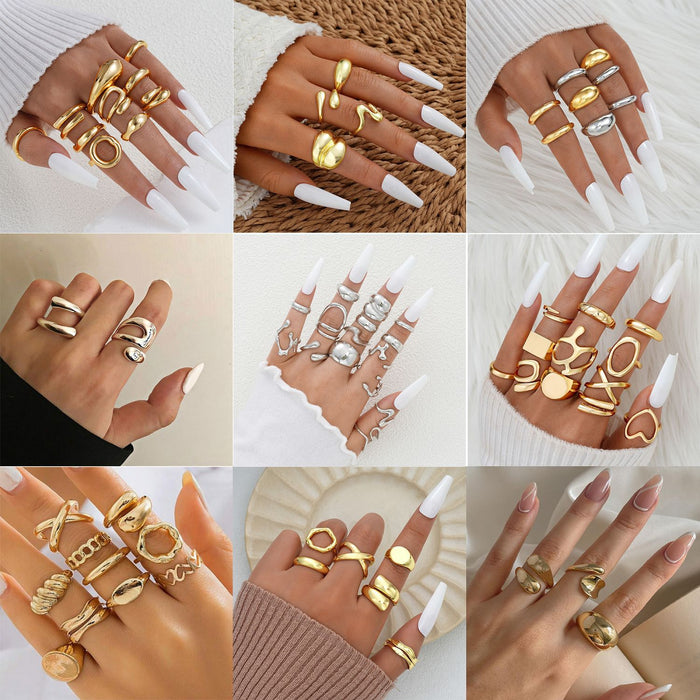 Wholesale Exaggerated lines gold irregular teardrop ring set