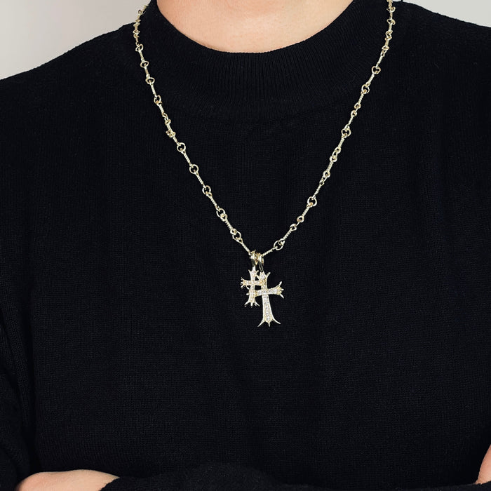 Wholesale Diamond studded double cross pendant for women, simple collarbone necklace for men, couple