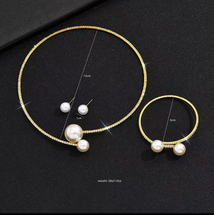 Wholesale 5pcs/set Jewelry Set Pearl and Rhinestone Choker and Bangle 3 Pieces