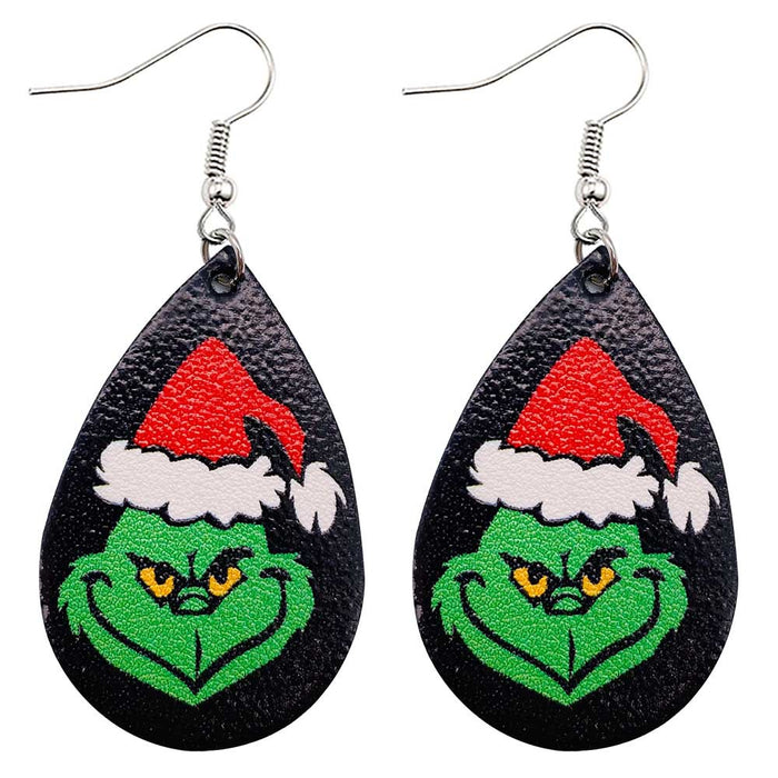 Wholesale Christmas Green Frog Leather Earrings Water Drop Shaped Double Sided Printed Earrings Festival Accessories JDC-ES-YaChen004