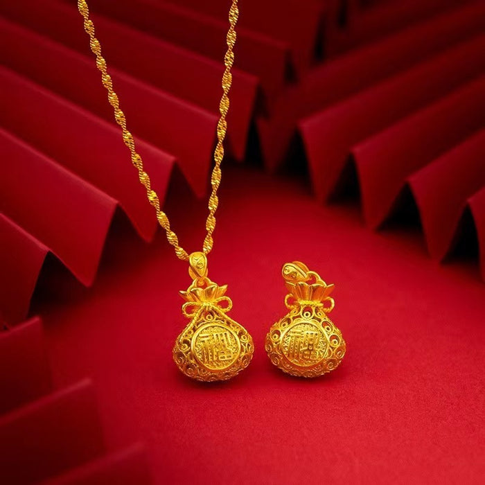 Wholesale Sand gold filigree hollow out lucky bag pendant necklace, brass gold-plated retro hollow out money bag pendant necklace accessories