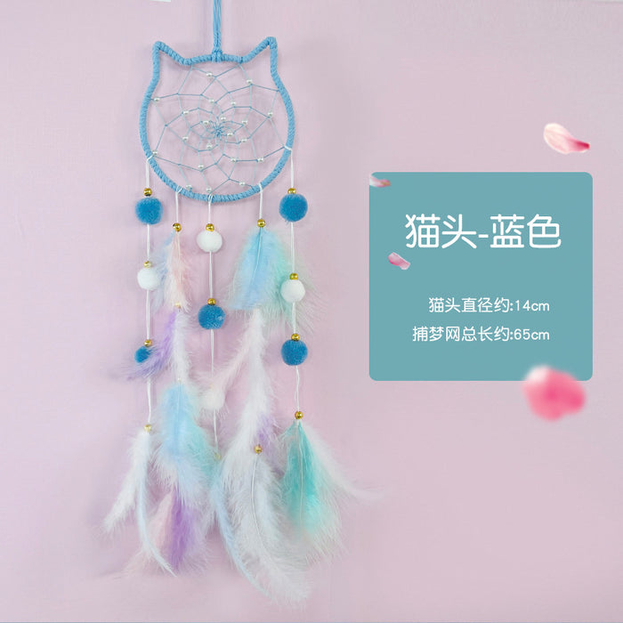 Wholesale Cat Head Dreamcatcher Hanging Ornament Handmade Pink Feather Decor MOQ≥2