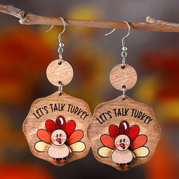 Wholesale Thanksgiving Funny Turkey Pendant Earrings Wooden Autumn Harvest Thanksgiving Double-Sided Earrings Gift