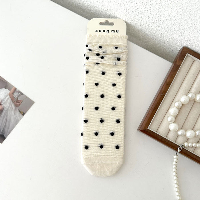 Wholesale Thin mid tube bow lace pile socks with mesh breathable cotton