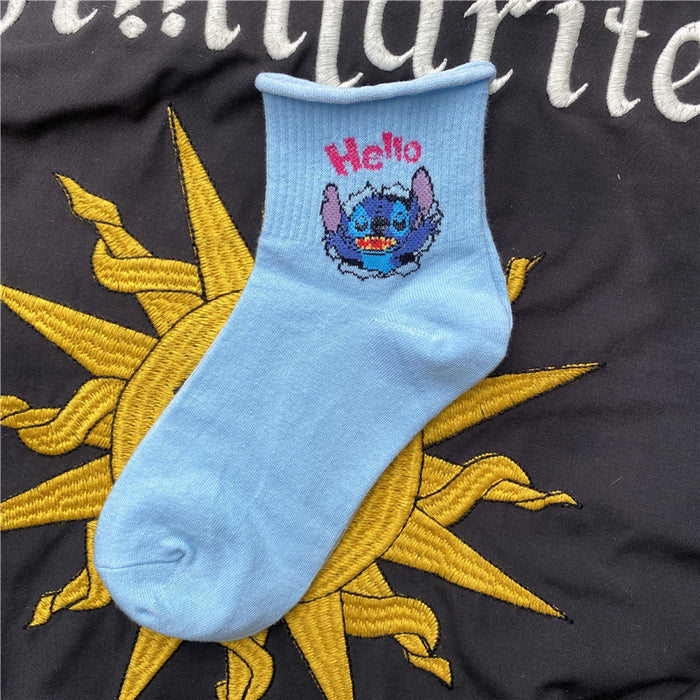 Wholesale Mid length socks for children and couples, versatile rolled edge short socks