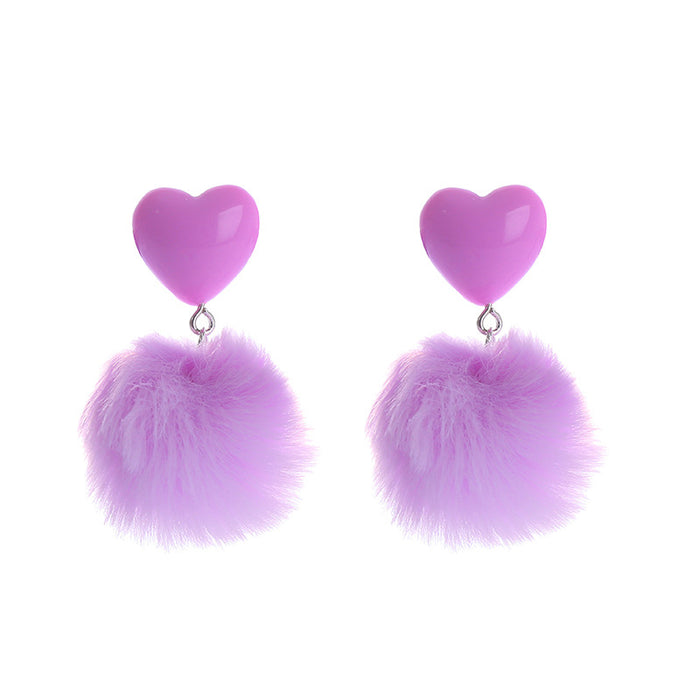 Wholesale Cute imitation rabbit fur heart-shaped earrings with candy colored plush pendant earrings