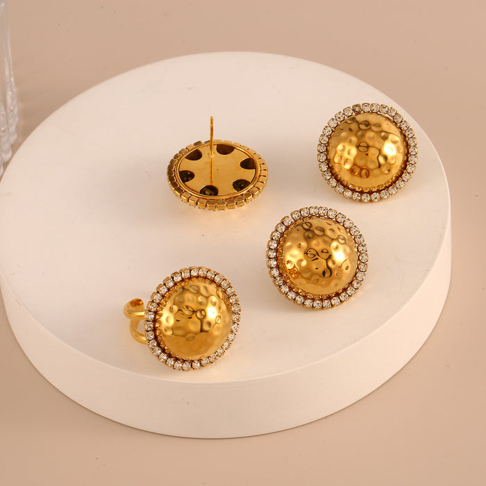 Wholesale Fashionable stainless steel texture earrings with zircon half circle earrings and ring set color preservation wholesale