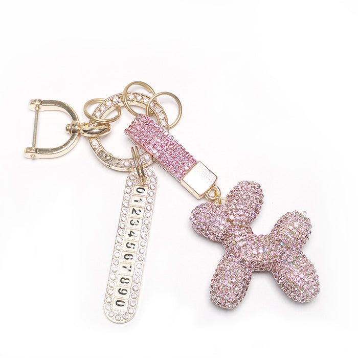 Wholesale Diamond-encrusted Leather Rope Cute Balloon Puppy Diamond-encrusted Car Keychain Pendant Doll Pendant Accessories