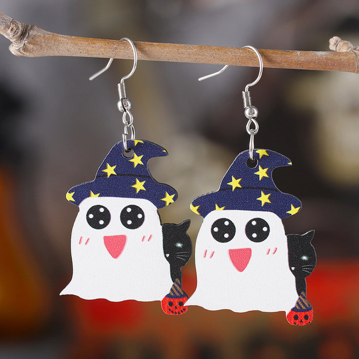 Wholesale  Pumpkin Black Cat Ghost Pendant Earrings Wooden Gothic Double-sided Ear Jewelry