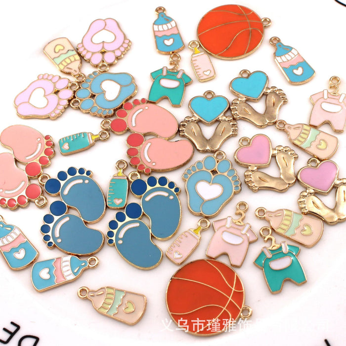 Wholesale 10pcs baby clothes baby bottle feet basketball alloy oil earrings pendant key chain pendant jewelry accessories