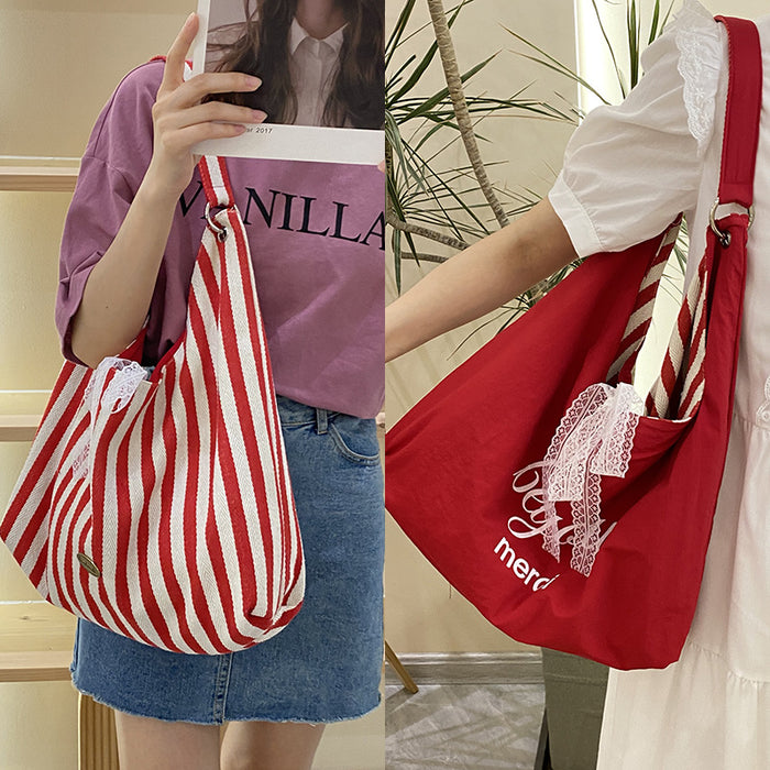 Wholesale Striped shoulder bag, cute embroidered canvas bag, simple letter commuting bag