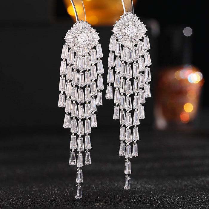 Wholesale Elegant temperament, exaggerated earrings, super sparkling zircon inlay, light luxury, high-end feeling, long tassel earrings
