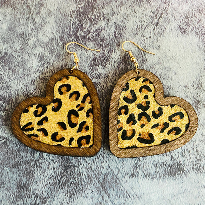 Wholesale  Valentine' s Day Genuine Leather Earrings Love Leopard Horse Hair Inlaid Wooden Earrings
