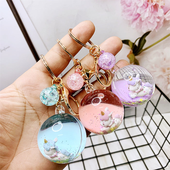 Wholesale Creative liquid oil key chain quicksand key chain crystal ball unicorn floating car cute bag small pendant