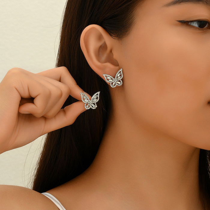 Wholesale New alloy jewelry versatile diamond inlaid butterfly earrings silver needle retro earrings