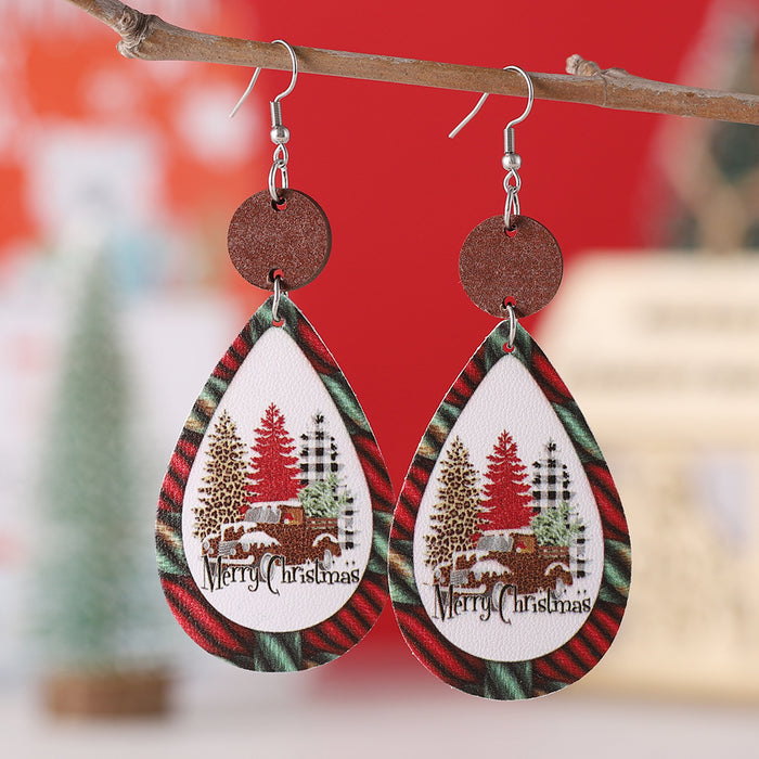 Wholesale Christmas Leopard Plaid Tree  Leather Wood  Earrings