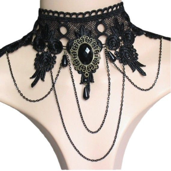 Wholesale Party Queen Gemstone Wide Neck Ornament Black Lace Necklace Halloween