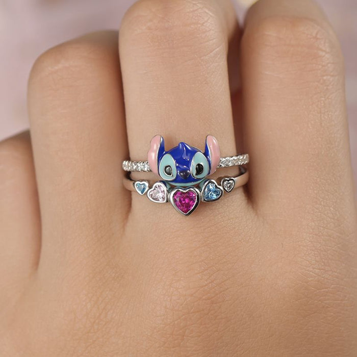 Wholesale Lilo & Stitch Anime Periphery Stitch Angel Micro-inlaid White Stone Two-piece Ring JDC-RS-jinmiao001