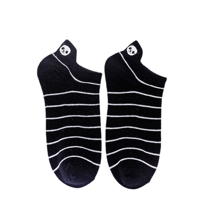 Wholesale Embroidered invisible socks, black and white striped boat socks, cartoon cotton short tube socks
