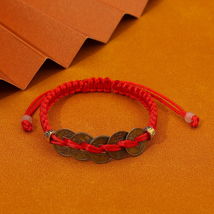 Wholesale Hand woven Five Emperors Money Red Rope Bracelet for the Year of Destiny, Attracting Wealth and Praying for Blessings, Copper Money Hand Rope Wholesale