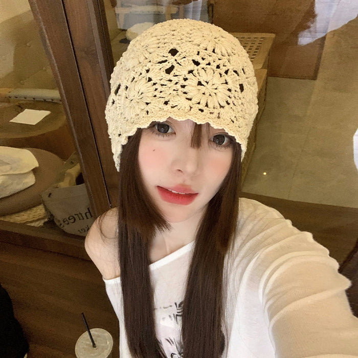 Wholesale Hand woven Baotou hat for women in spring and autumn, thin cut hollow yarn hat, retro artistic knitted hat, pile up hat