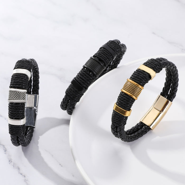 Wholesale Hand string double-layer retro alloy cowhide woven bracelet, fashionable men's leather magnetic buckle bracelet