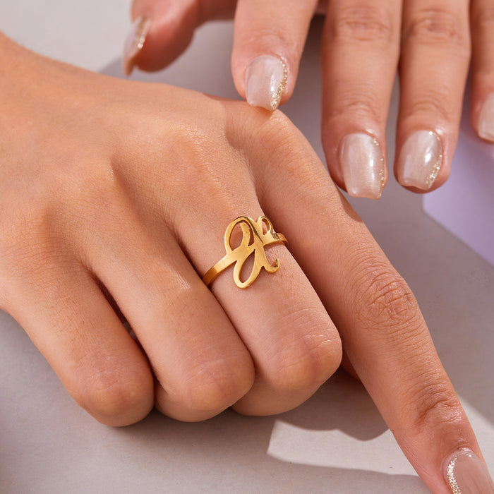 Wholesale Stainless Steel Letter Ring Opening Adjustable Gold Plated Finger Ring Jewelry