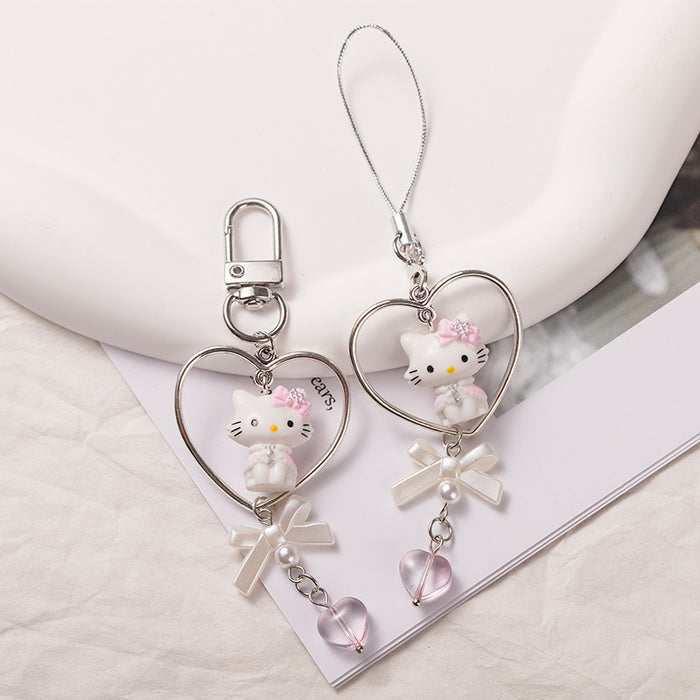 Wholesale Cute cat love heart beaded mobile phone chain pendant keychain pendant