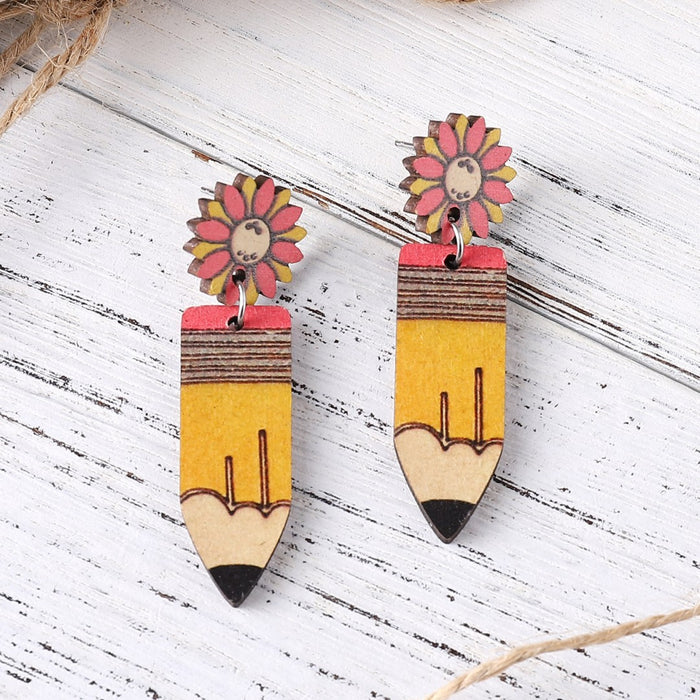 Wholesale Sunflower pencil earrings graduation season students teachers double-sided wooden earrings earrings gift