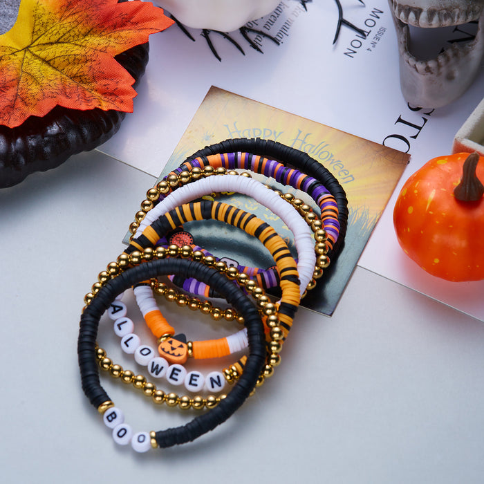 Wholesale Alloy Bracelet Set - 7pcs Funny Pumpkin Bat Beaded Bracelets