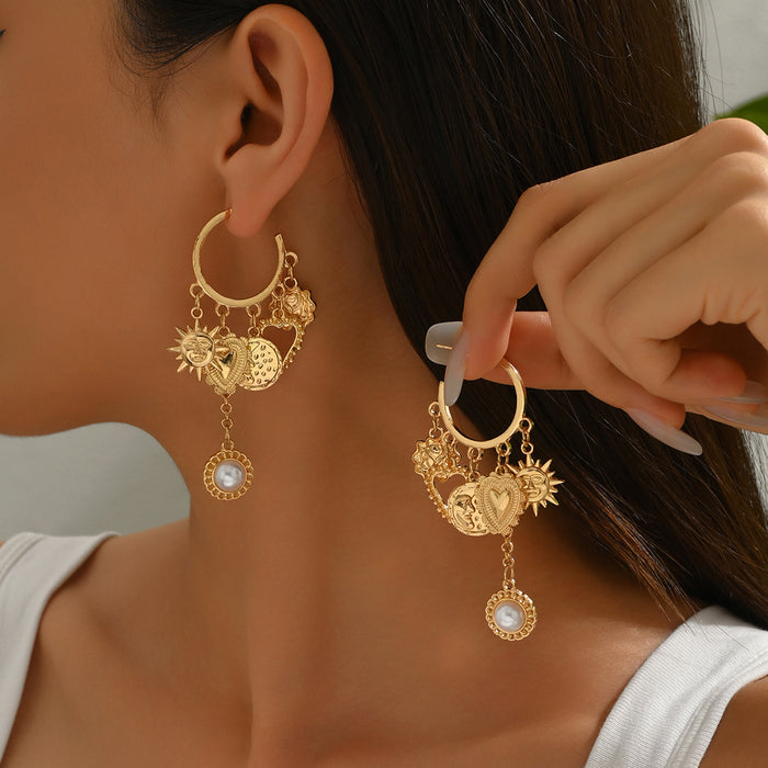 Wholesale New large circle earrings, alloy sun heart accessories, light luxury and high-end pearl tassel earrings