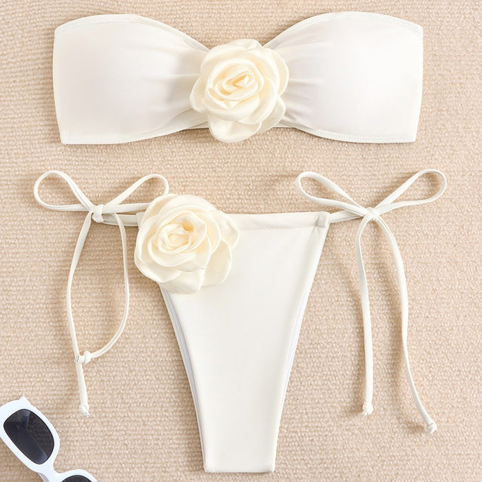 Wholesale Solid color split swimsuit for women, three-dimensional flower swimsuit