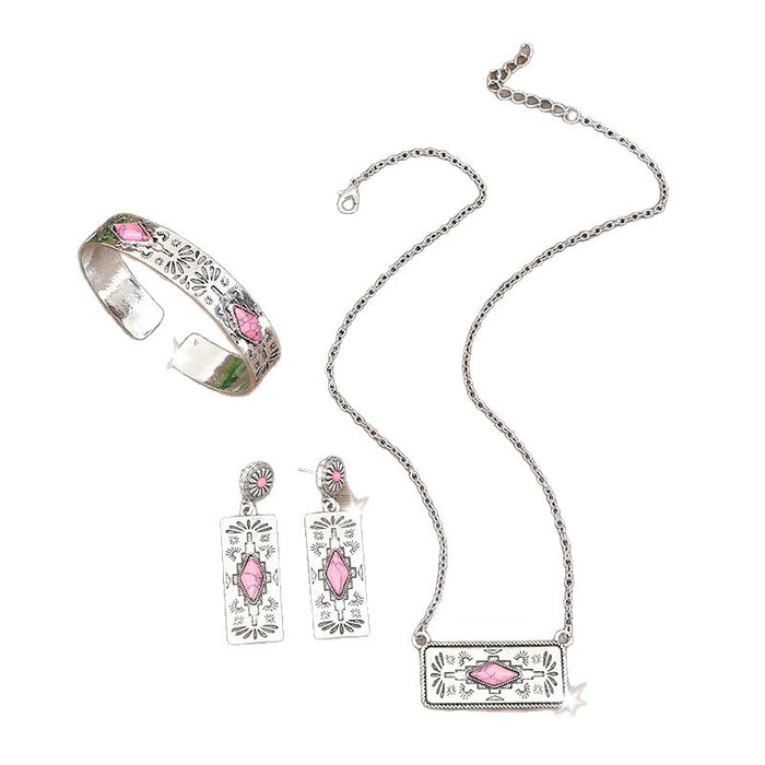 Wholesale Retro style pumpkin flower splicing geometric pink turquoise alloy set