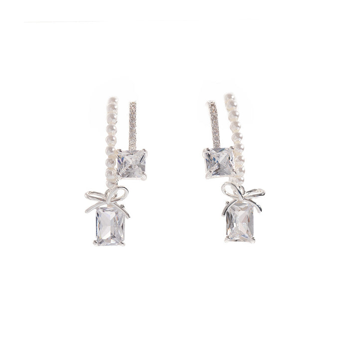 Wholesale  Micro-Paved Zircon Sugar Cube Bow Pearl Earrings