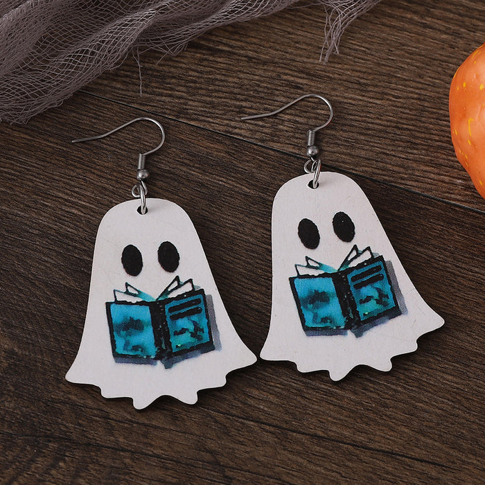 Wholesale  Gothic Style Cute Ghost Flower Book Pocket Ghost Pendant Wooden Double-Sided Earrings