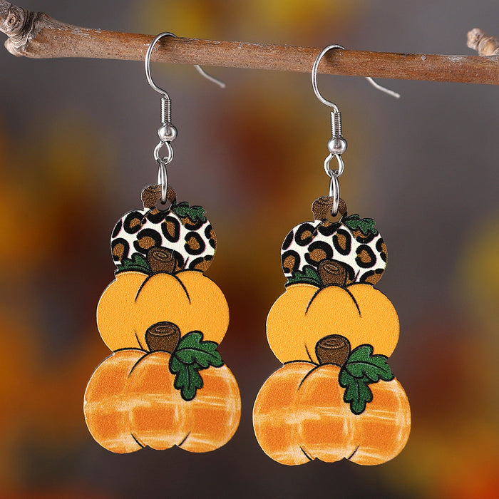 Wholesale Thanksgiving Autumn Harvest Polka Dot Plaid Pumpkin Flower Pendant Earrings Wooden Double-Sided Earrings