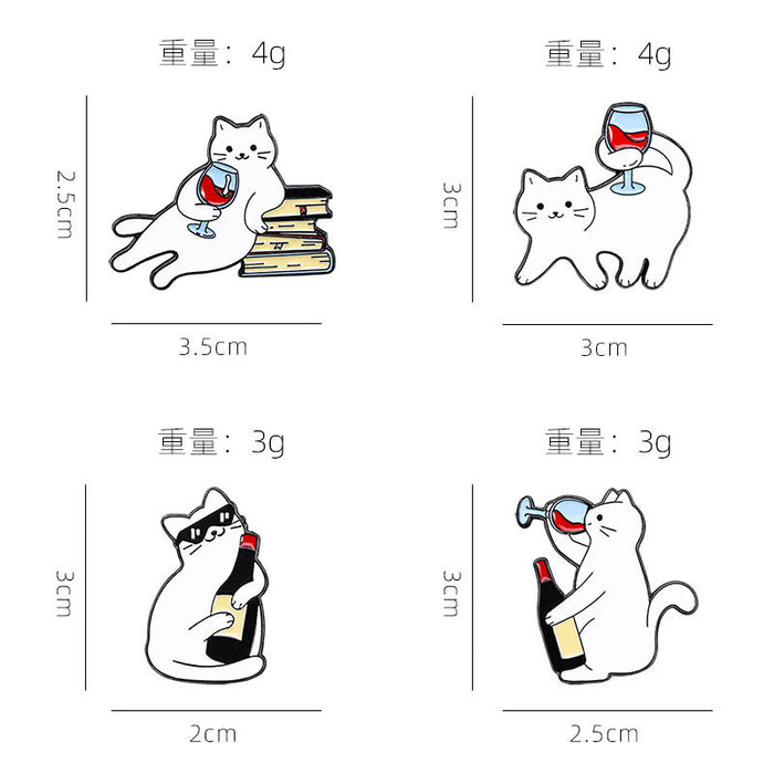 Wholesale Super cute cat cartoon badge personality cool white kitten drink red wine shape alloy enamel brooch